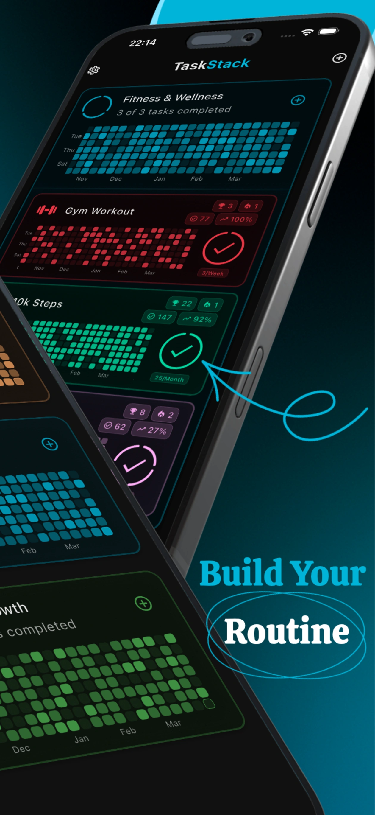 TaskStack daily routine view with completion highlights