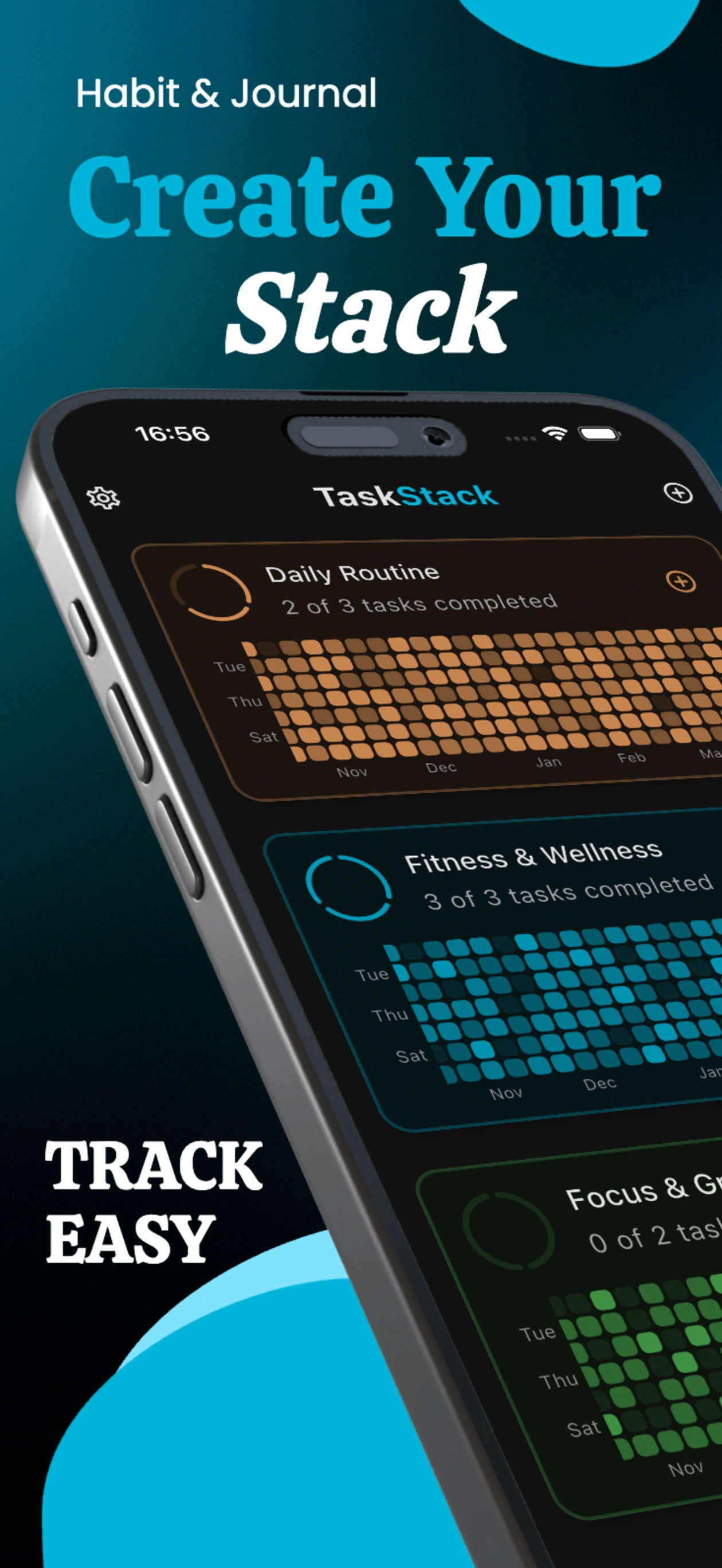 TaskStack habit tracker showing stacks and progress grids